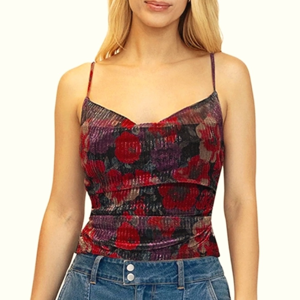 NWT Steve Madden Cowl Neck Ruched Side Floral Metallic Print Tank Top